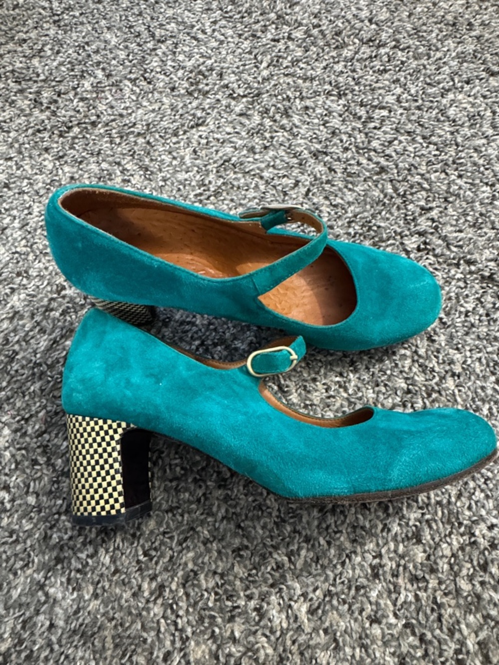 Chie Mihara Teal Suede Mary Jane Pumps with Patterned Block Heel made in Spain